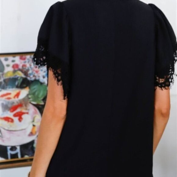 modern Black Lace Trim Detail Flowy Short Puff Sle - Picture 2 of 4